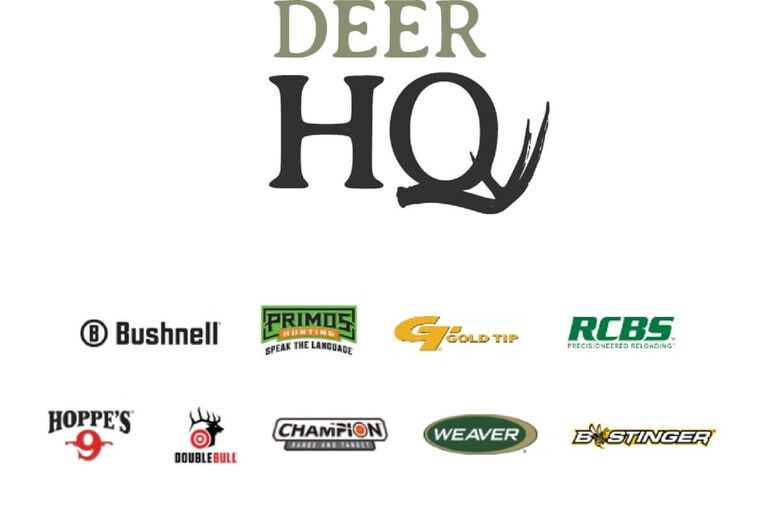 Deer HQ Brands Graphic of Deer HQ logo with brand logos of Bushnell, Primos, Gold Tip, RCBS, Hoppe's DoubleBull, Champion, Weaver, And BeeStinger on white background