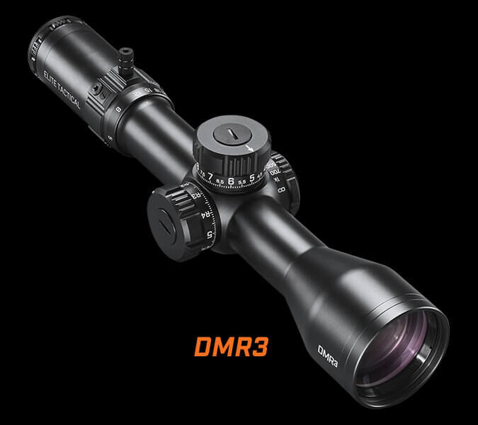 Elite Tactical DMR3 Riflescope on dark background Elite Tactical DMR3 Riflescope on dark background