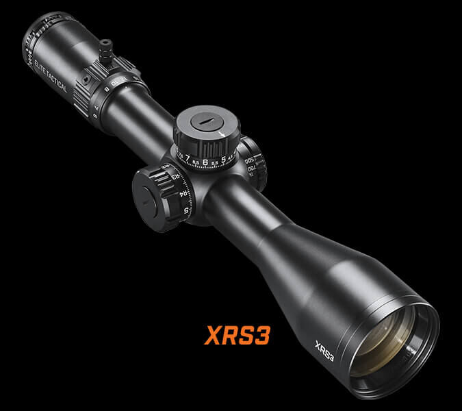 Elite Tactical XRS3 Riflescope on dark background Elite Tactical XRS3 Riflescope on dark background