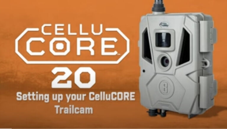 Overview Of The Bushnell CelluCORE™ 20 Video Bushnell CelluCORE Trailcamera and logo on orange background
